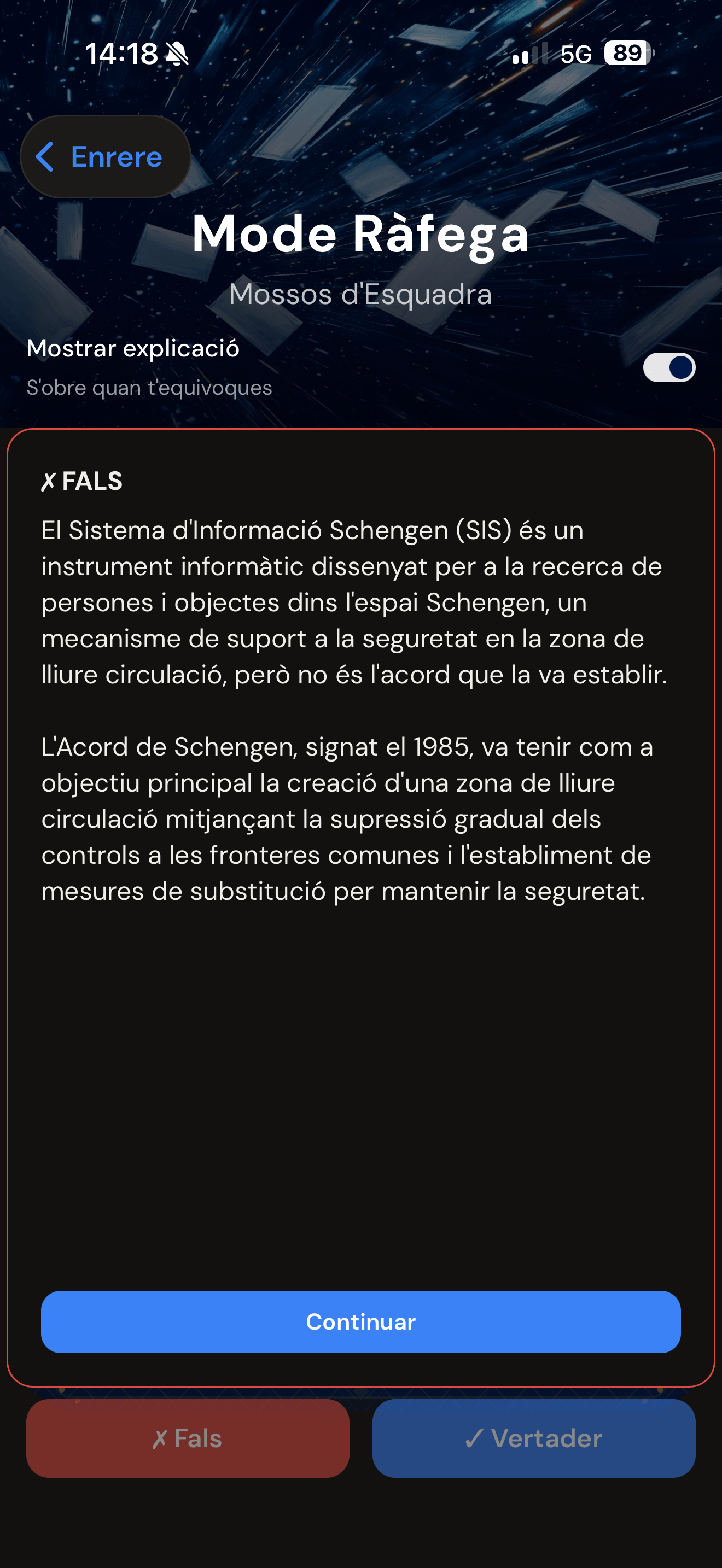 Targeta d'explicació del Mode Ràfega després de respondre incorrectament