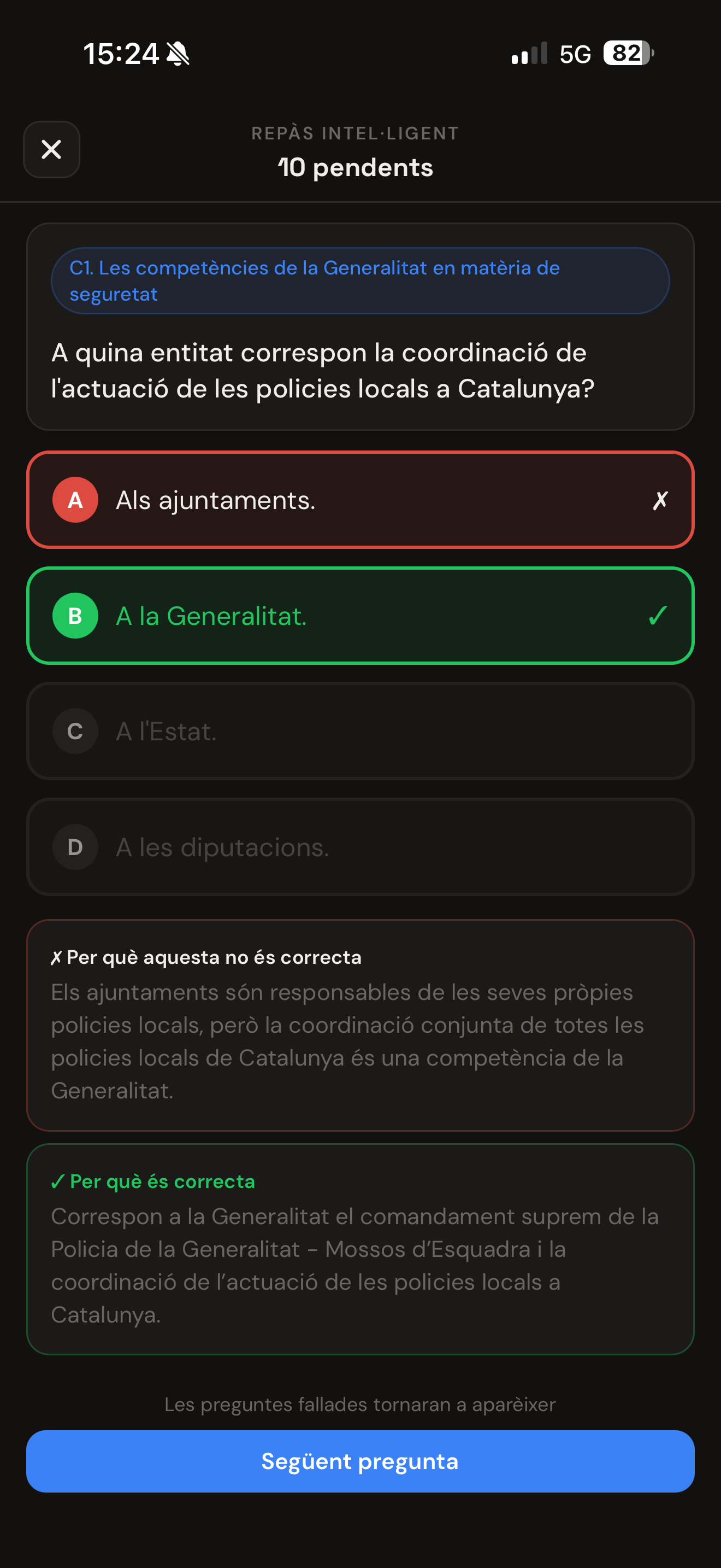 Targeta d'explicació amb resposta correcta i explicació del perquè